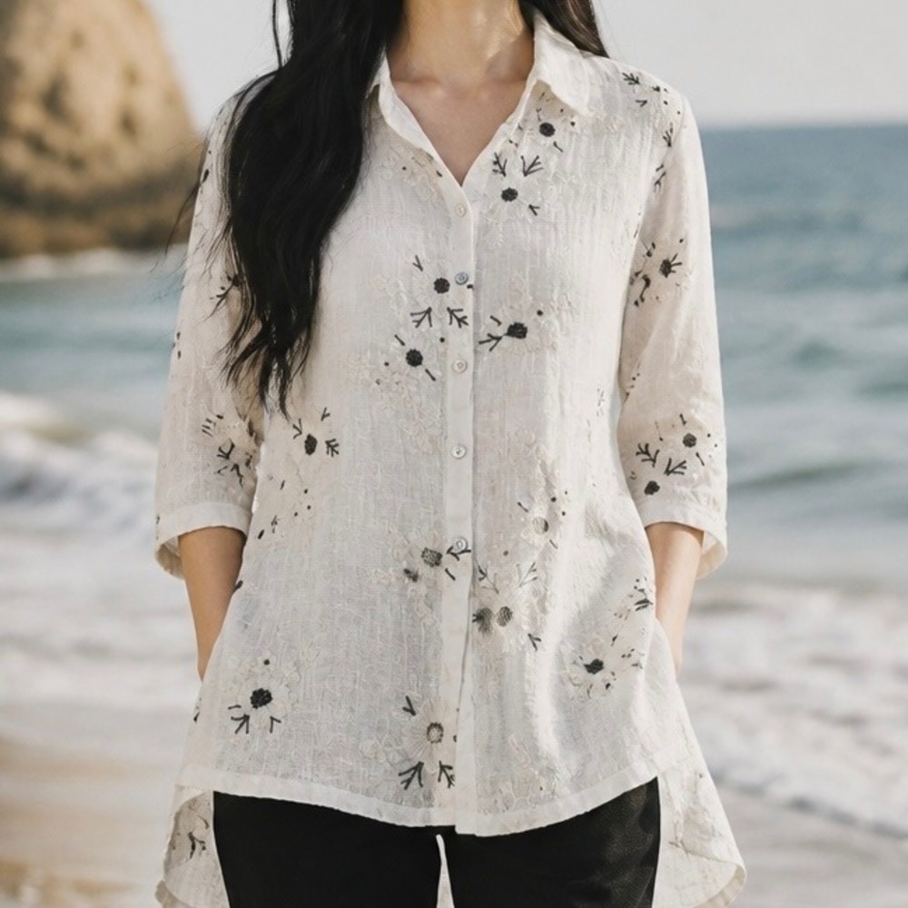 White 100% Linen Embroidered Floral Tunic Shirt M Coastal Resort Boho Summer